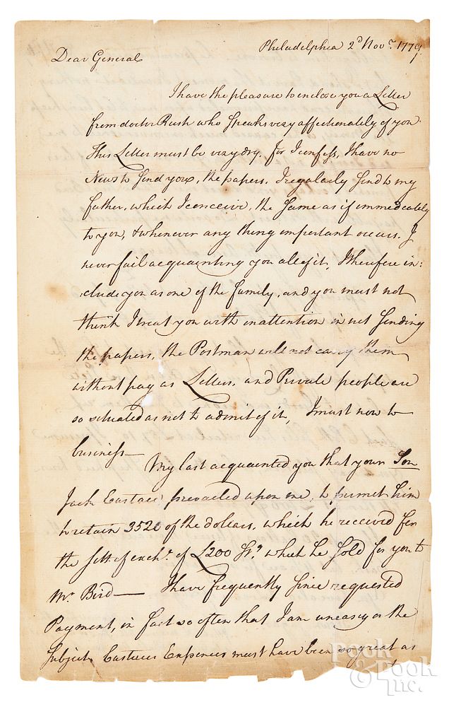 Appraisal: Joseph Nourse handwritten letter Joseph Nourse handwritten letter Philadelphia Nov