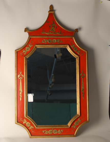 Appraisal: Chinoiserie Red and Gilt Painted Mirror pagoda-style crest made in