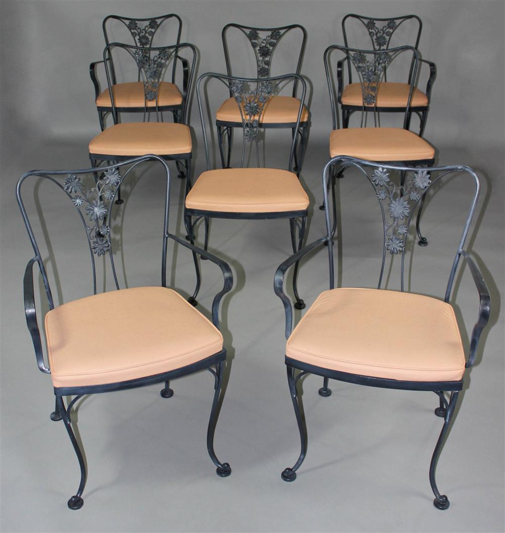 Appraisal: SET OF EIGHT BLACK WROUGHT IRON CHAIRS INCLUDING FOUR ARM