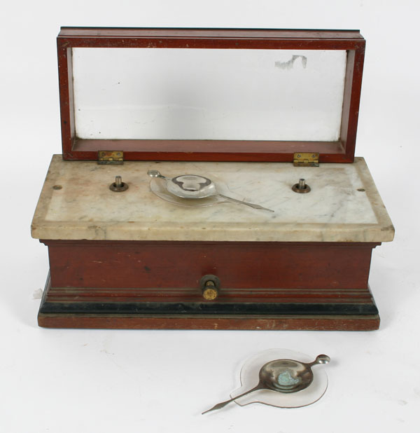 Appraisal: Small counter top pharmacy balance scale detailed wood box marble