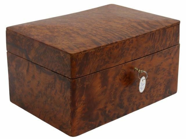 Appraisal: English amboyna burlwood table box likely originally a tea caddy