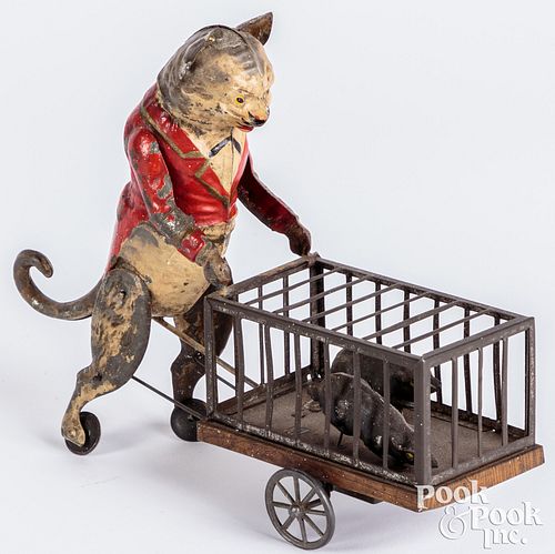 Appraisal: GUNTHERMAN PAINTED TIN WIND-UP CAT WITH MOUSE CAGEGuntherman painted tin