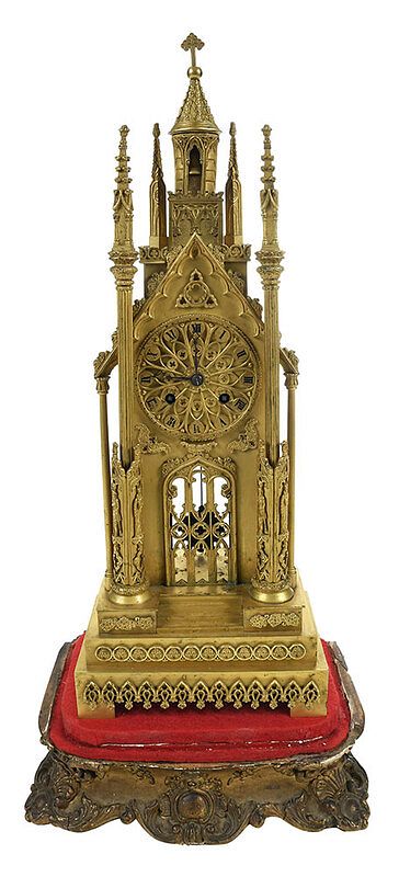 Appraisal: French Gothic Style Gilt Bronze Mantel Clock th century cathedral