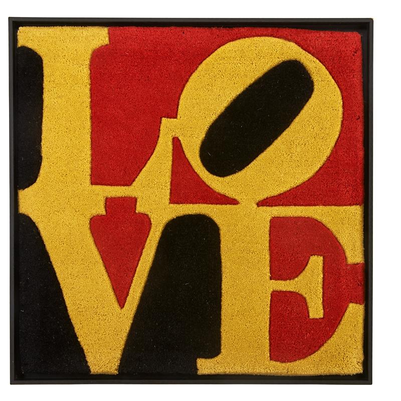 Appraisal: AFTER ROBERT INDIANA Carved and tufted wool wall-hanging Liebe Love