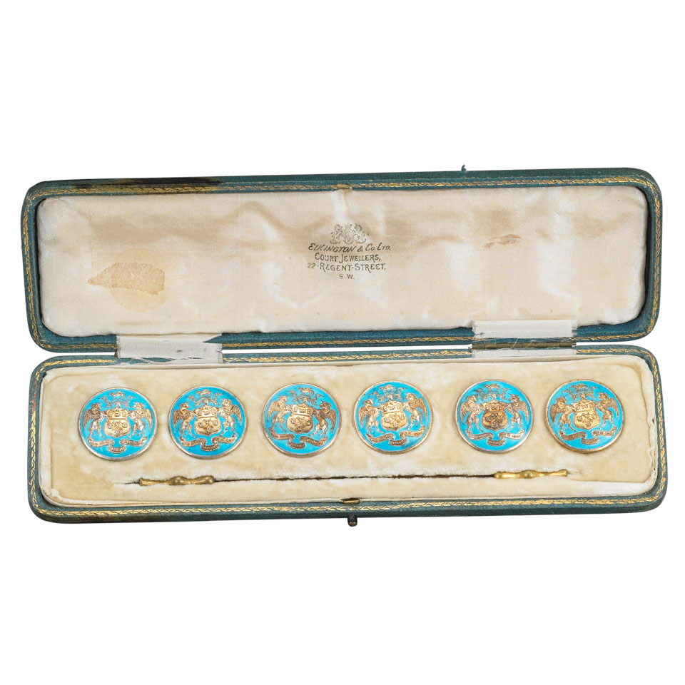 Appraisal: Set of Six Edwardian Silver-Gilt and Turquoise Enamel Butchers Company