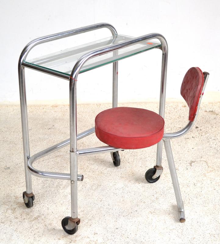 Appraisal: A VINTAGE INDUSTRIAL TABLE AND CHAIR WITH GLASS TOP A