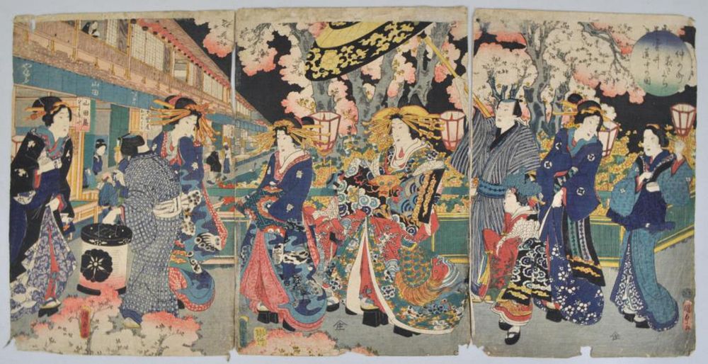 Appraisal: Japanese W B Triptych Print Town Scene depicting figures strolling