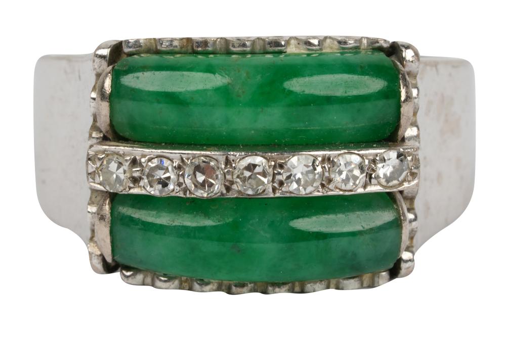 Appraisal: JADE DIAMOND RINGcontaining two rectangular cabochon cut jadeite jades weighing