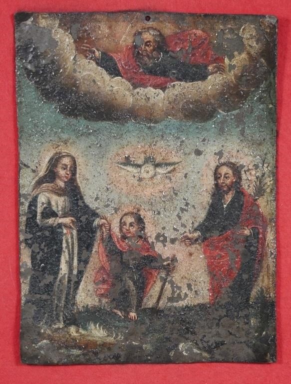 Appraisal: Retableau th century painting on metal likely Mexican depicting Mary