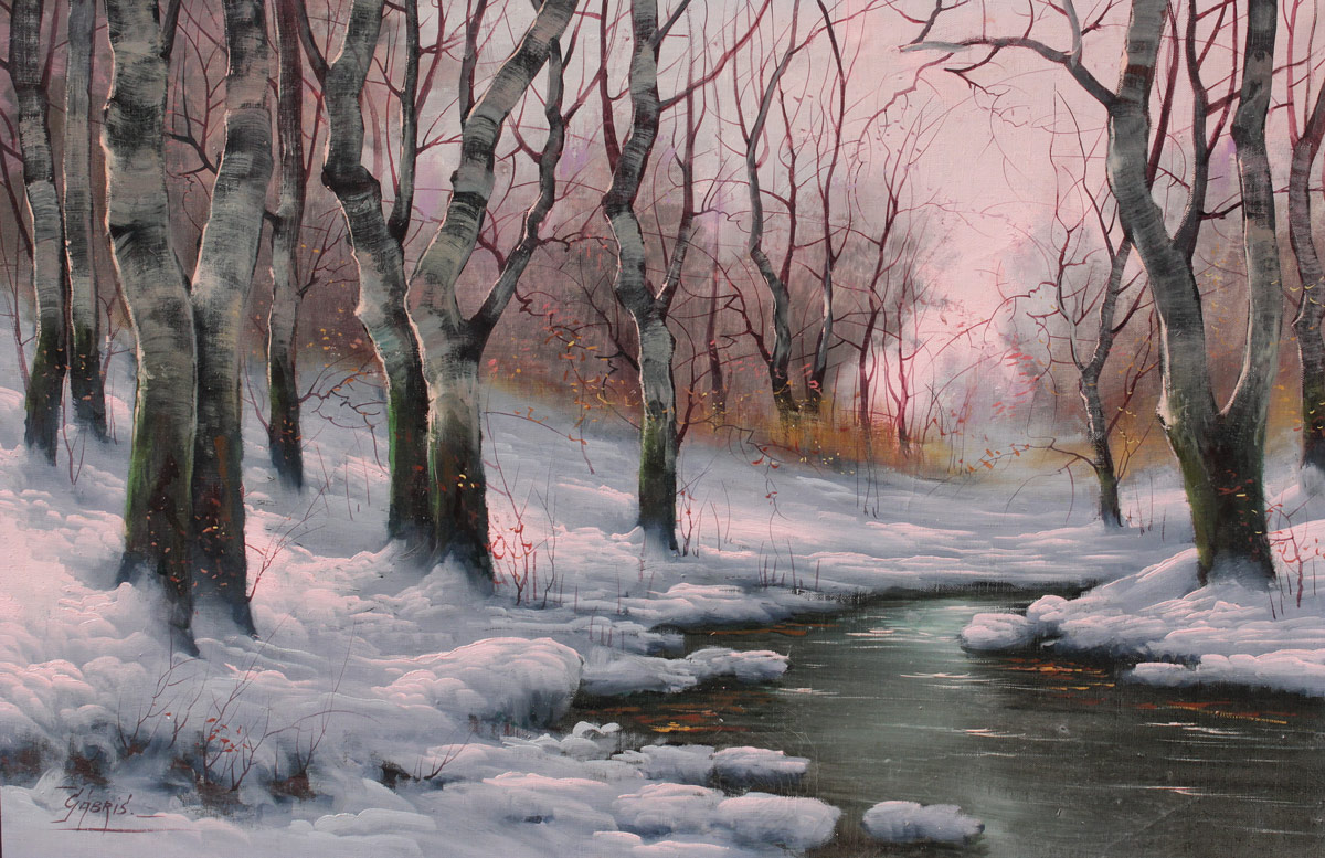 Appraisal: GABRIS WINTER BIRCH STREAM LANDSCAPE PAINTING Oil Canvas '' x