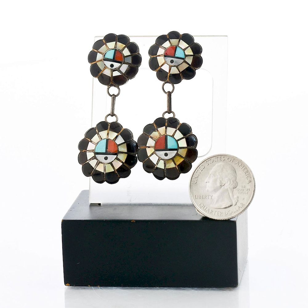 Appraisal: NATIVE AMERICAN ZUNI SILVER SUNFACE DROP EARRINGS Jet mother of