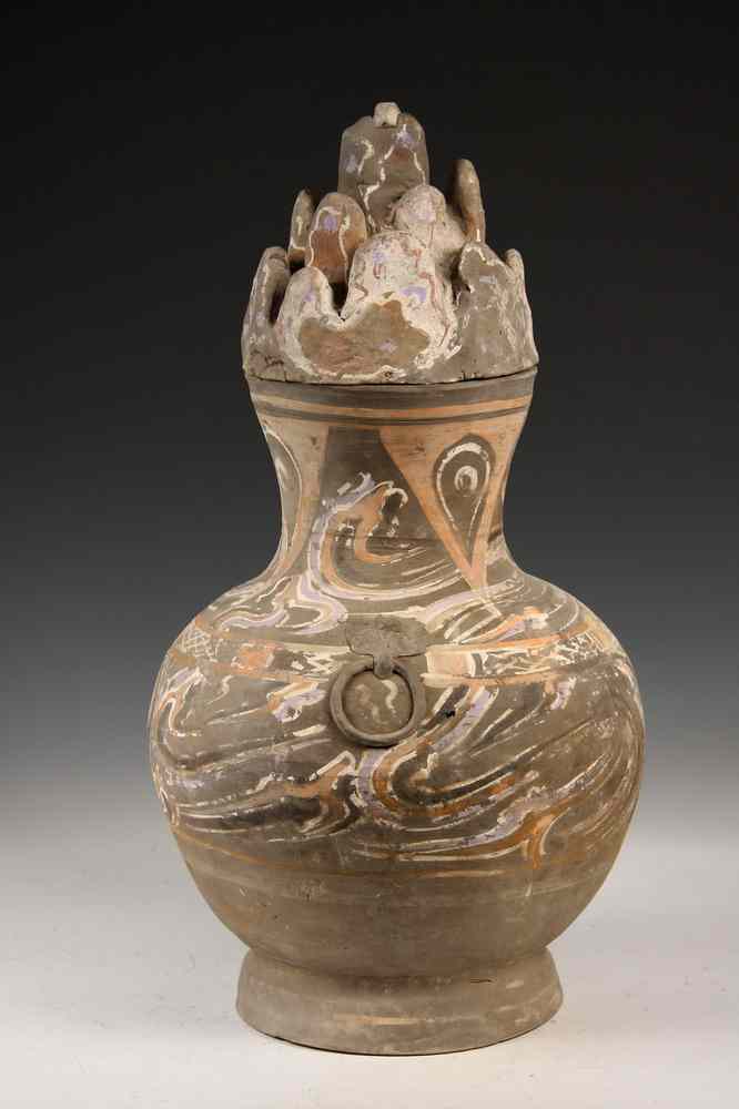 Appraisal: HAN DYNASTY COVERED JAR - Chinese Painted Jar with Mountain