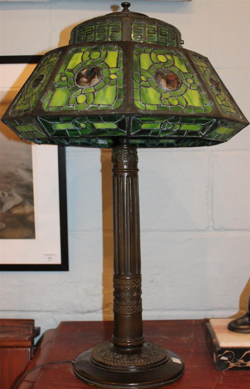 Appraisal: TIFFANY STUDIOS STYLE BRONZE LAMP WITH TURTLEBACK TILE SHADE the