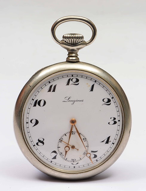 Appraisal: A Longines silver plated pocket watchwith enamel dial with supplementary