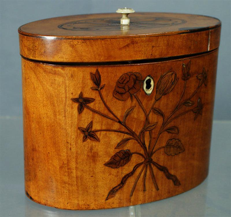 Appraisal: Floral and shell inlaid satinwood tea caddy plain interior with