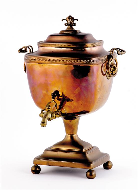 Appraisal: English copper and brass hot water kettle floral finial on