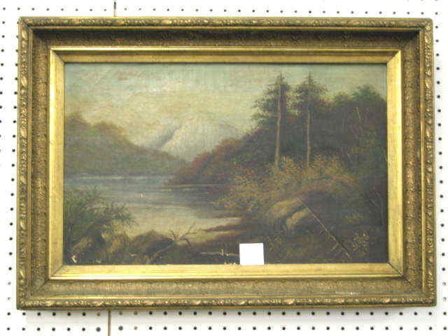 Appraisal: Victorian Oil Painting of a Mountainous Lake Scene fancy gold