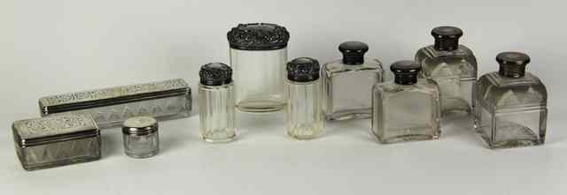 Appraisal: Six silver topped cut glass dressing case boxes and bottles