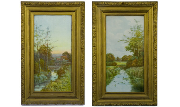 Appraisal: Pair Of Framed Prints Country Scenes Cottages And Stream x