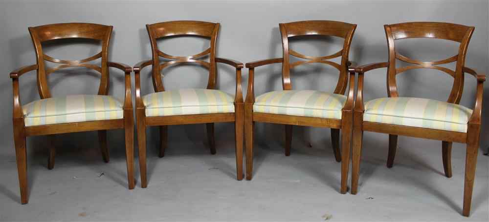 Appraisal: SET OF FOUR BEIDERMEIER STYLE WALNUT ARMCHAIRS with striped cotton