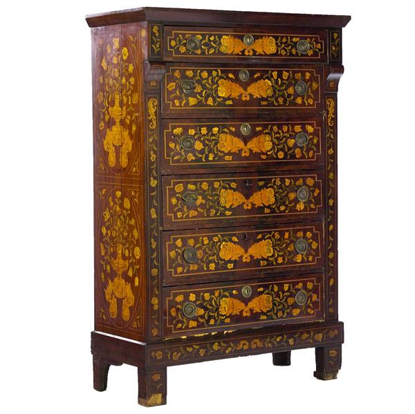 Appraisal: Dutch Marquetry six drawer chest th C Losses to bottom