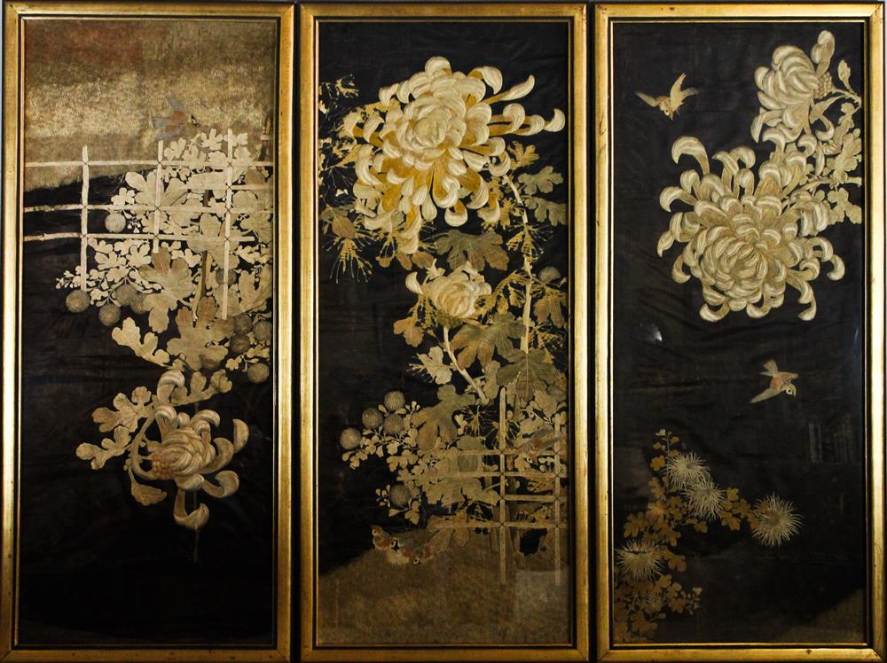 Appraisal: THREE JAPANESE EMBROIDERED FRAMED PANELS the continuous scene embroidered as