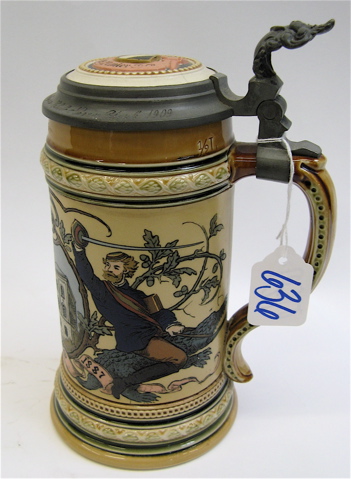 Appraisal: METTLACH GERMAN BEER STEIN no liter etched with scene of