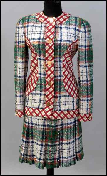 Appraisal: BILL BLASS SKIRT SUIT Comprised of a woven plaid jacket