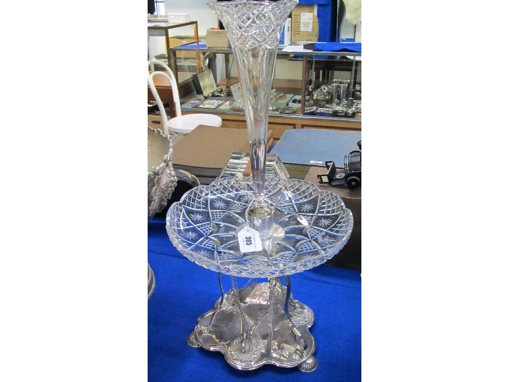 Appraisal: Silver plate and moulded glass centrepiece epergne the shaped base