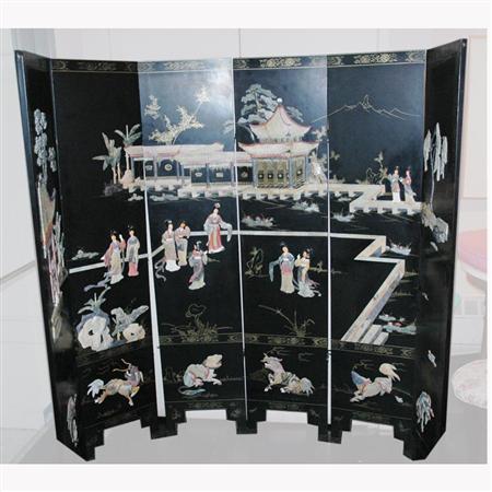 Appraisal: Japanese Black Painted and Hardstone Six-Panel Screen Estimate -