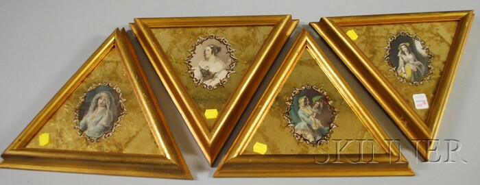 Appraisal: Set of Four Triangular Giltwood-framed Reverse Portrait Print-mounted Glass Panels