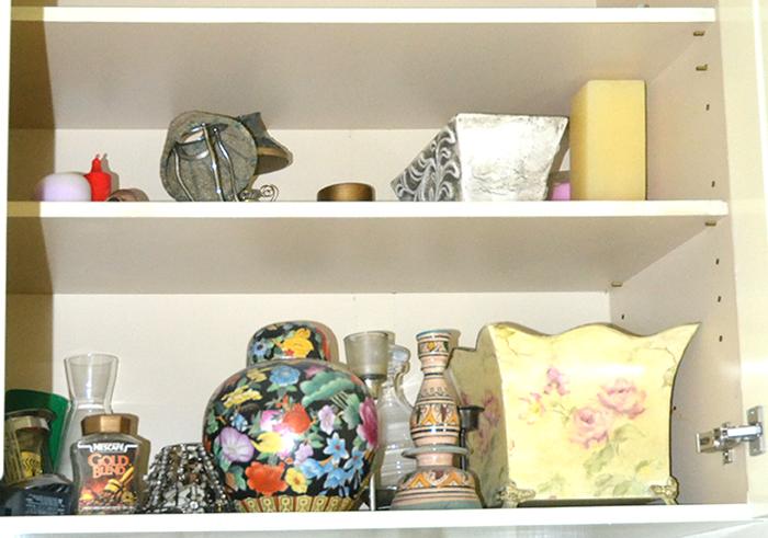 Appraisal: TWO SHELVES OF TEA LIGHTS VASES ETC