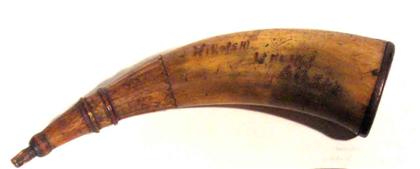 Appraisal: Horn and wood powder horn Carved with banding and fluted