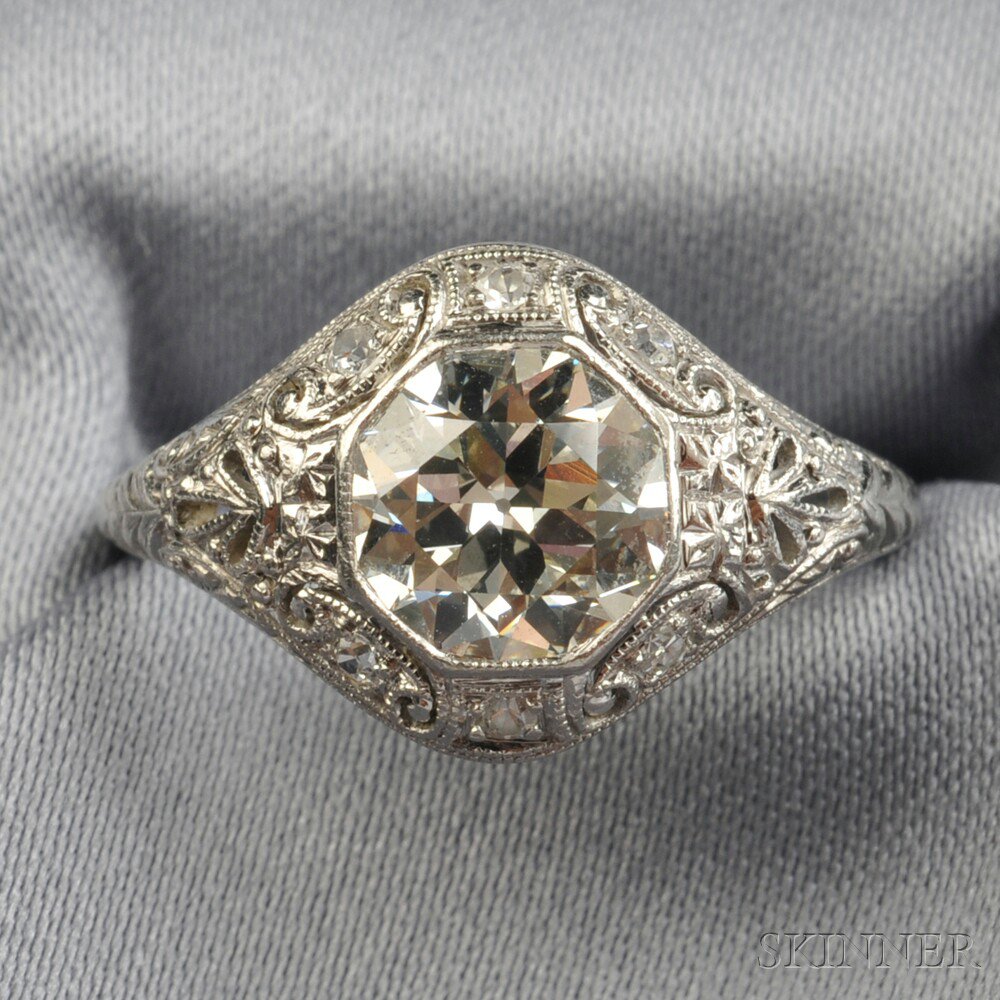 Appraisal: Art Deco Platinum and Diamond Ring bezel-set with an old