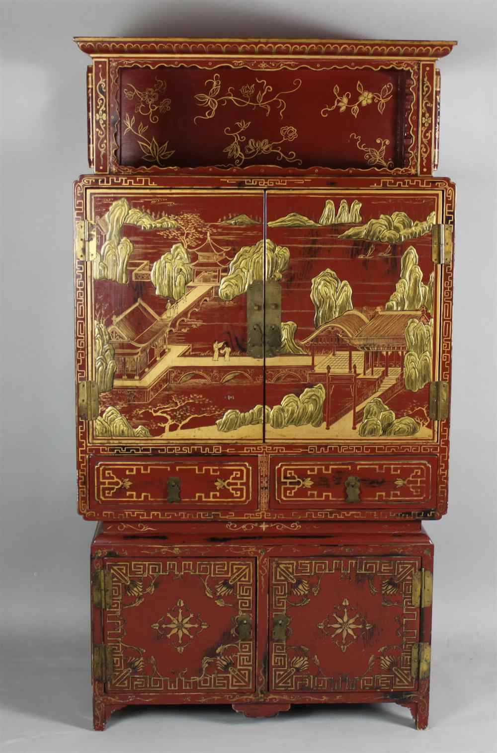 Appraisal: CHINESE STYLE RED LACQUERED AND GILT CABINET th Century hinged