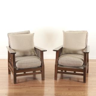 Appraisal: Pair Decorator mission style hardwood armchairs Pair Decorator mission style