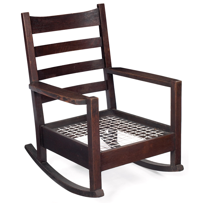 Appraisal: Early Gustav Stickley arm rocker four-rung ladder-back form with cut-corner