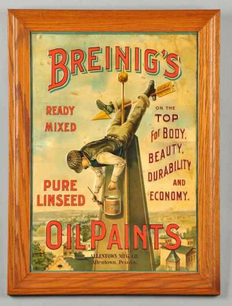 Appraisal: Tin Breinig's Oil Paints Advertising Sign Description Manufactured in Allentown