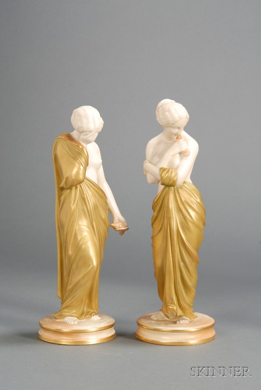 Appraisal: Pair of Royal Worcester Porcelain Shot Enamel Figurines England c