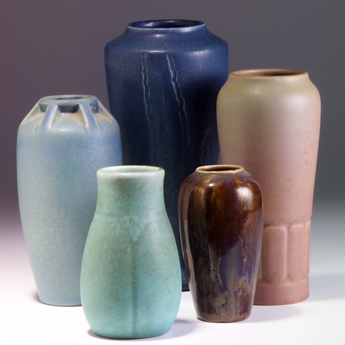 Appraisal: ROOKWOOD Five vases one Carved Matte by William Hentschel in