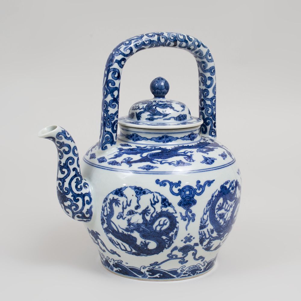 Appraisal: Large Chinese Blue and White Porcelain Teapot and Cover Six-character