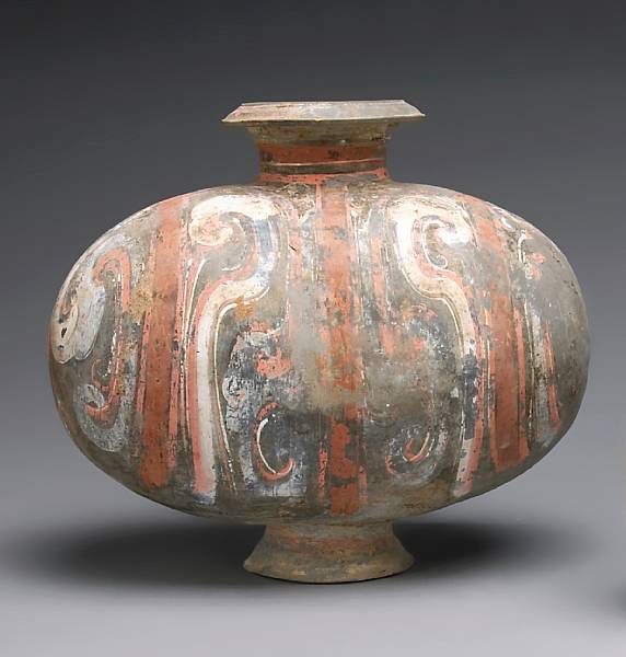 Appraisal: A painted gray pottery cocoon jar Han Dynasty The canted