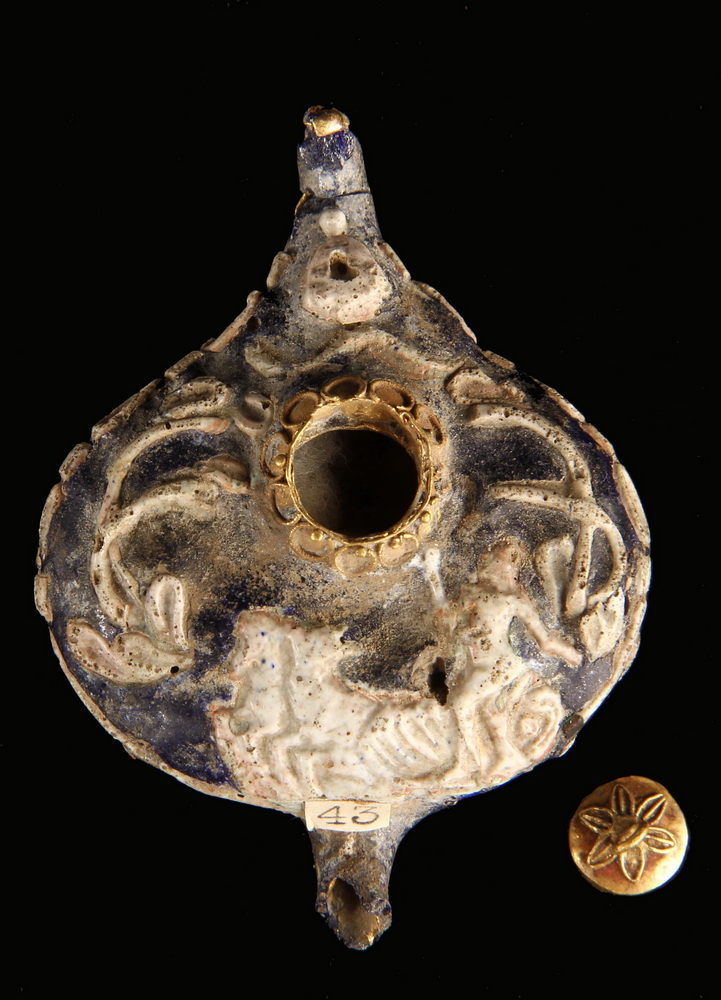 Appraisal: ANCIENT GREEK PERFUMERY - Lamp Form Vessel in enameled gold