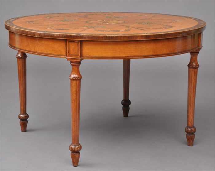 Appraisal: EDWARDIAN CARVED INLAID AND PAINTED SATINWOOD CENTER TABLE The top