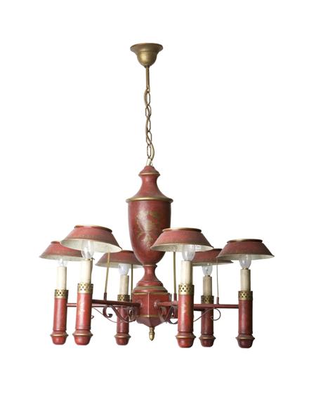 Appraisal: TOLEWARE CHANDELIER EARLY TH CENTURY with central urn-shaped reservoir issuing