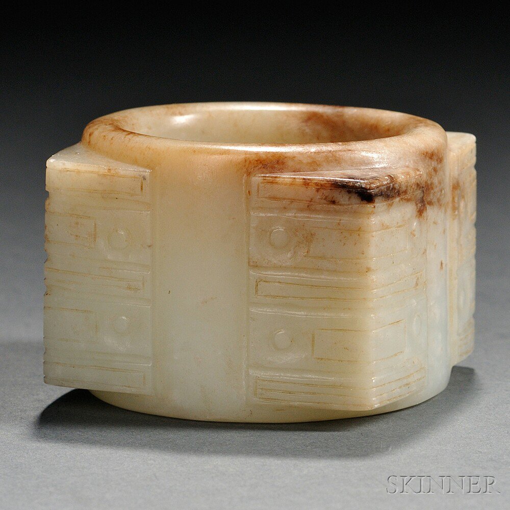 Appraisal: Jade Cong Tube China with square exterior decorated with raised