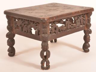 Appraisal: Folk Art th Century Walnut Carved Foot Stool Elaborately carved