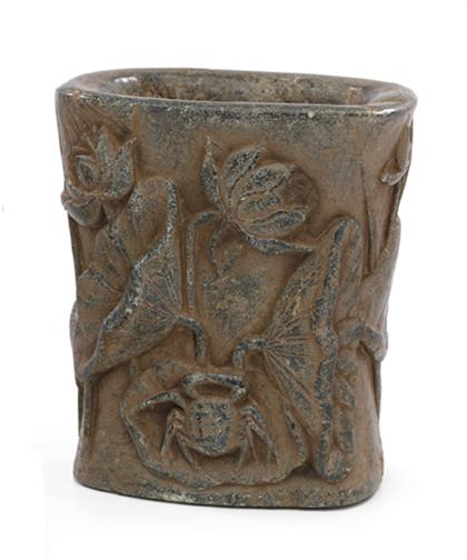 Appraisal: Unusual grey stone hollowed and carved brush pot qing dynasty