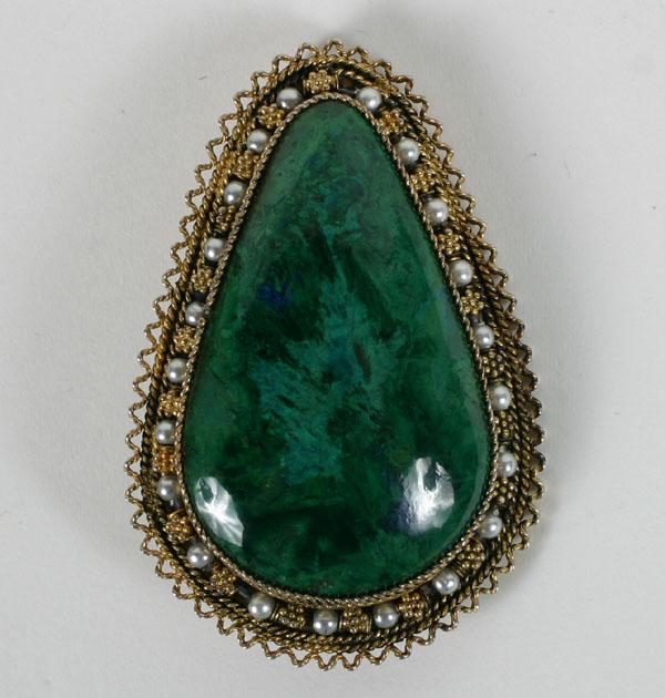 Appraisal: Azure malachite and cultured pearl pin brooch in sterling vermeil