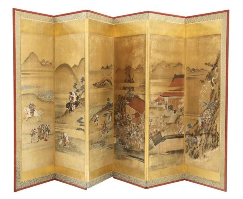 Appraisal: Japanese six-panel folding screen possibly th c illustrating famous episodes